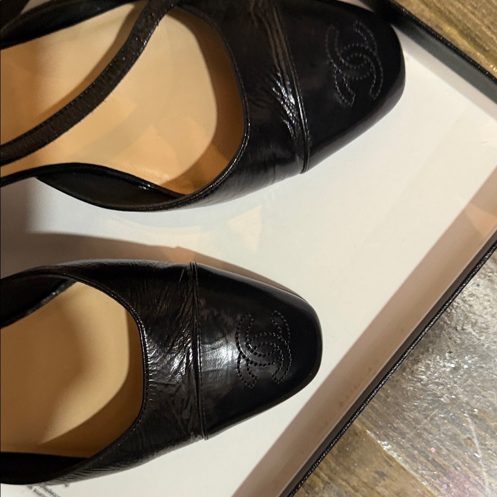 CHANEL Black Leather Mary Jane Low Block Heel Pumps - Picture 9 of 15